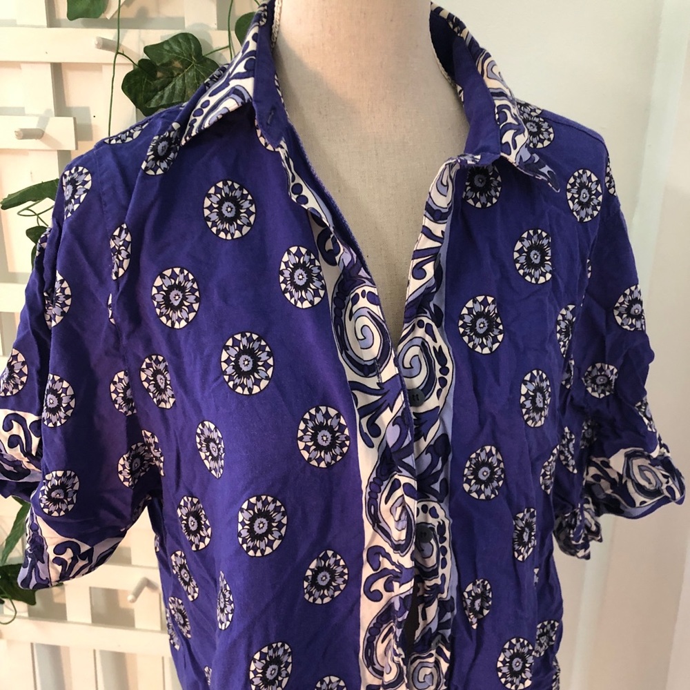 Express Vintage Bohemian Groovy Psychedelic Patterned Blue Button Down Blue